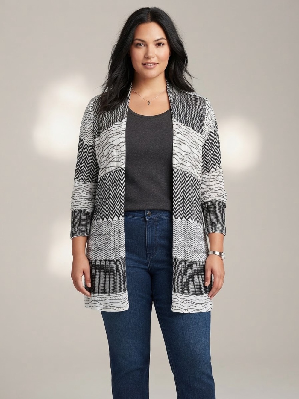 Chico's Black and White Patterned Open-Front Cardigan